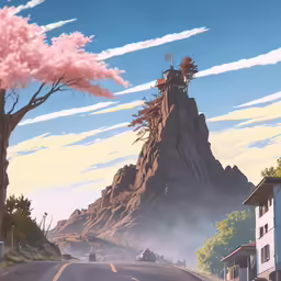 a painting shows an overcast day with trees and mountains