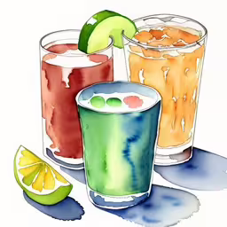 a painting of glasses with different beverages,a painting of different drinks on top of a table