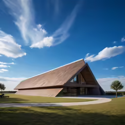 the modern building features a unique triangular roof
