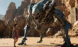 a young girl looking at a giant metal robot