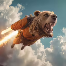 a man is flying through the sky with his mouth wide open and a rocket sticking out