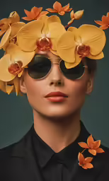 a woman in a suit with flowers on her head