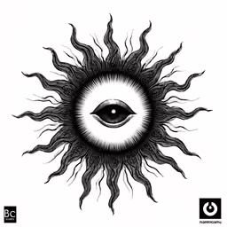 a black and white image of an evil looking sun with its eyes opened