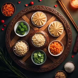 four asian bowls with different kinds of food