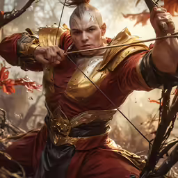 a man with blonde hair is aiming with an arrow