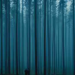 a forest filled with tall trees covered in green fog