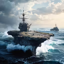 two ships are on an island in the water