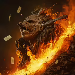 there is a giant robot and fire in the air