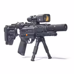 a toy rifle is on a tripod and an orange light is shining from it
