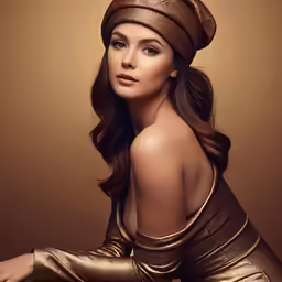 woman with brown hair in shiny gold bodysuit