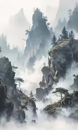 a large group of rocks and trees growing on them with thick fog around