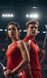 a man and woman in red uniforms on tennis court