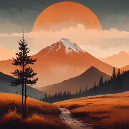 a painting of the sun rising above a mountain,an image of a scenic landscape that depicts mountains