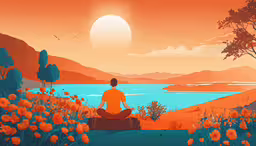 a man who is sitting in the middle of a field,a cartoon girl is sitting in a meditation pose while overlooking the water