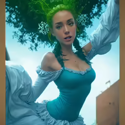 a girl with long green hair is posing for a portrait