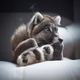 an image of a small dog playing with it