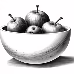 a drawing of a bowl of apples in white