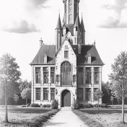 a drawing of a very large building with a clock on it