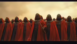 rows of medieval knights in full red capes with red cloaks