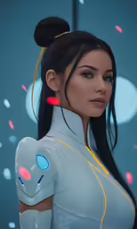 a futuristic girl poses with her hands in her pockets