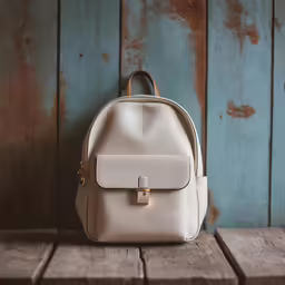 a beige backpack against a blue wooden backdrop