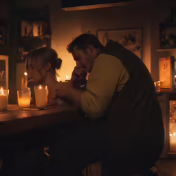 the couple are sitting at the bar with candles lit