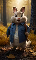 a squirrel in a blue jacket and backpack standing next to a forest