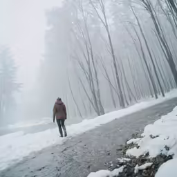 a person walking down a road in the middle of the woods
