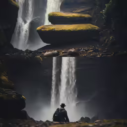 the camera is aimed at a woman standing near waterfall