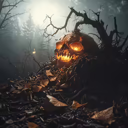 a strange pumpkin head lit by headlights in a forest