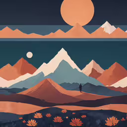 this is a stylized painting of mountains and sun,some mountains that have some plants in it