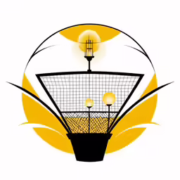 a graphic artwork featuring a basket with lights, and two yellow lamps