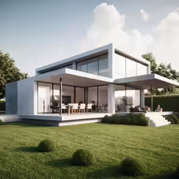 a modern, minimalist home is sitting on a grassy hill