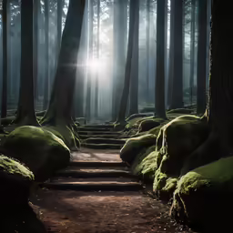mossy steps and bright sunbeames through the trees