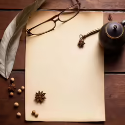 a wooden desk with an old, dirty notepad and a pen, with some glasses, nuts and paperclips