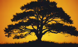 the silhouette of a large, tree at sunset,the silhouette of a tree in front of a yellow sky