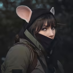 a woman with her ears up wearing an animal mask