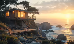 the house is on top of a cliff by the ocean