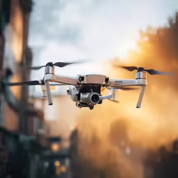 a white djrobott flying over a street