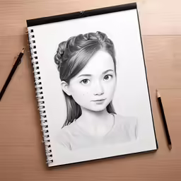 a drawing of a girl on top of a wooden desk