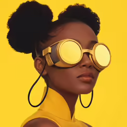 a woman wearing round gold glasses is staring at the camera