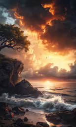 some waves are on the sand by a tree