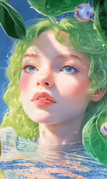 a woman with green leaves on her head