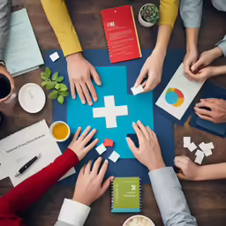 people are gathered around a blue square that is made with paper