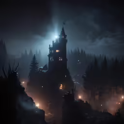 an old castle at night is illuminated in the fog