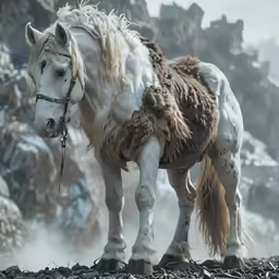 a white horse with long hair walking on rocks