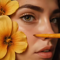 the woman is looking at a banana with yellow flowers