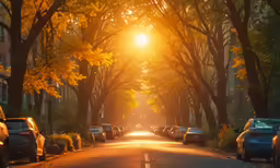 cars parked on the street, with the sun behind them