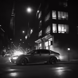the car is driving on the street in the dark