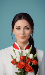 a girl is holding a bouquet of flowers